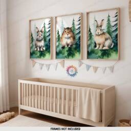 Woodland Nursery Prints - Set Of 3 Animal Posters - Rabbit, Hare, Vole Green Forest Bedroom Decor Outdoor Playroom Wall Art Boys Girls - thumbnail 1