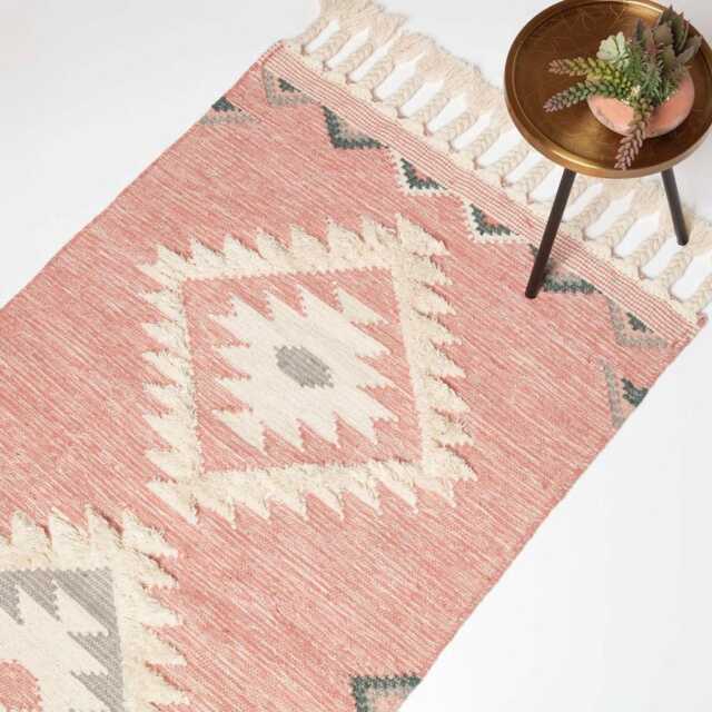 Luxury Handwoven Pink Kilim Rug Geometric Wool Cotton Rug With Tassels - image 1