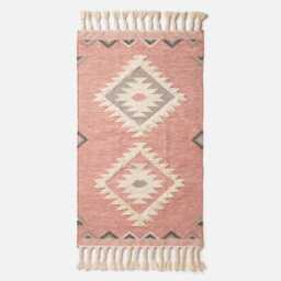 Luxury Handwoven Pink Kilim Rug Geometric Wool Cotton Rug With Tassels - thumbnail 2