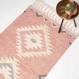 Luxury Handwoven Pink Kilim Rug Geometric Wool Cotton Rug With Tassels