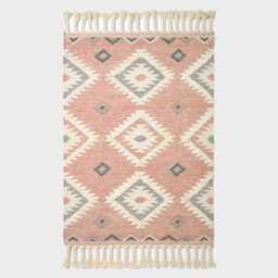Luxury Handwoven Pink Kilim Rug Geometric Wool Cotton Rug With Tassels - thumbnail 4