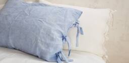 Linen Pillowcase With Ribbon Bow Ties - Sky Blue New Home Owners Gift - thumbnail 1