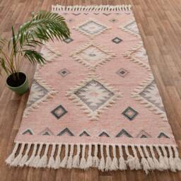 Soft Pink Moroccan Bohemian Hand Woven Wool Rug, Boho Rugs, #as-1 - thumbnail 3