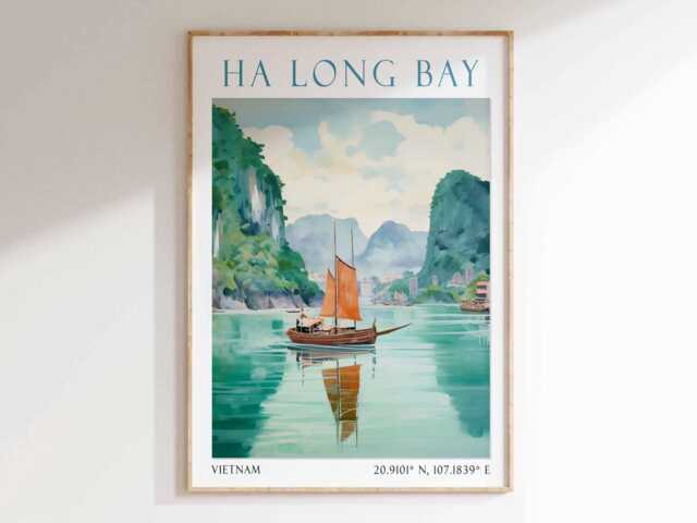 Ha Long Bay Vietnam Art Print - Travel Poster, Scenic Landscape Wall Art, Limestone Island Illustration, Southeast Asia Decor - image 1