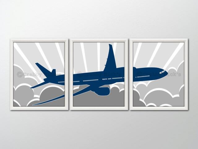 "8x10 - 3 Nursery Airplane Prints - Nursery Art, Decor, Children's Art Airplane ""Jet Airliner" - image 1