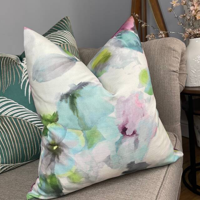 Multicoloured Cushion Cover Floral Pillow White Pink - Fibre Naturelle Fabric Double Sided - image 1