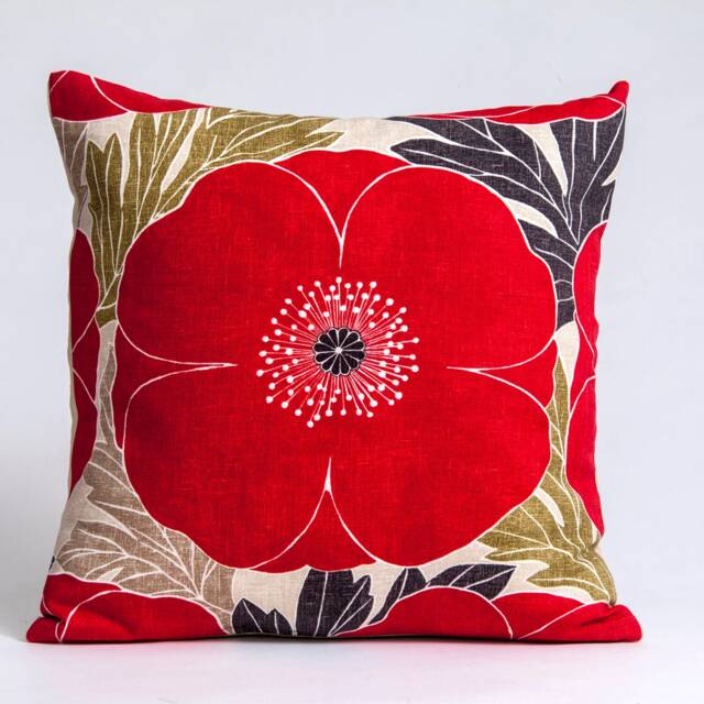 Red Poppy Pillow Cover, Harlequin Cotton Linen Throw - image 1