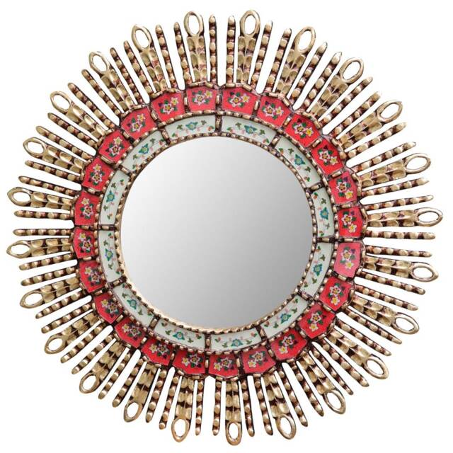 Peruvian Red Eye Mirror 60 cm Handmade Wall Decor - Carved Wood Round Statement For Living Room Bathroom - image 1