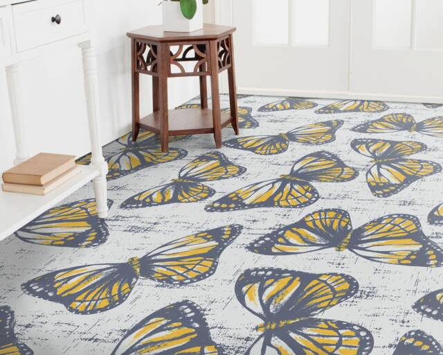 Retro Newspaper Buttlerfly Vinyl Flooring, Beige Flooring Linoleum, Yellow Floor Cover, Moth Art Floor, Waterproof Material - image 1