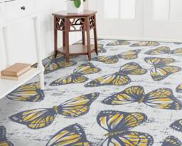 Retro Newspaper Buttlerfly Vinyl Flooring, Beige Flooring Linoleum, Yellow Floor Cover, Moth Art Floor, Waterproof Material