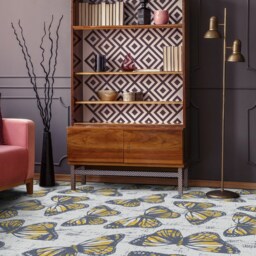 Retro Newspaper Buttlerfly Vinyl Flooring, Beige Flooring Linoleum, Yellow Floor Cover, Moth Art Floor, Waterproof Material - thumbnail 3