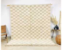 Beige Checkered Rug, Moroccan Berber Large Area Shag Natural Wool Checkerboard Carpet, Minimalist Neutral Home Decor - thumbnail 1