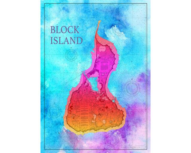 Block Island Chart Art Print Watercolor Map, Photo Paper Or Canvas - image 1