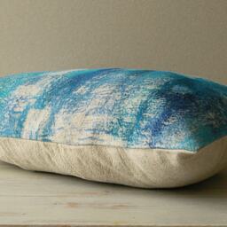 Aqua Cyan Cobalt Denim Blue Beige Decorative Lumbar Pillow Cover 12x18 Inch Natural Linen One Of A Kind - thumbnail 3
