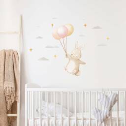 Flying Bunny With Balloons Wall Decal, Plastic-Free Kids Room Wall Stickers - thumbnail 2