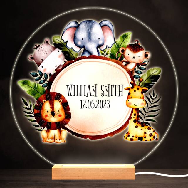 Watercolour Safari Jungle Animals Round Personalised Gift Lamp Night Light - Bedroom - image 1
