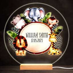 Watercolour Safari Jungle Animals Round Personalised Gift Lamp Night Light - Bedroom - thumbnail 1