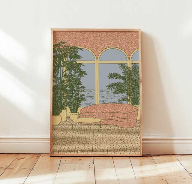 Mediterranean Lobby Poster, Coastal Interior Print, Resort Wall Art - image 1