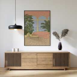 Mediterranean Lobby Poster, Coastal Interior Print, Resort Wall Art - thumbnail 3