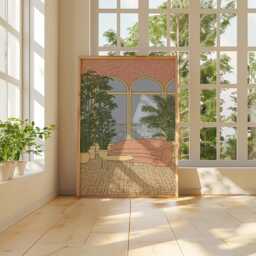 Mediterranean Lobby Poster, Coastal Interior Print, Resort Wall Art - thumbnail 4