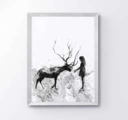 Bond, Deer Head, Animal Art Print, Art, Stag Girl & Deer, Black White Minimalist Reindeer Nursery - thumbnail 1