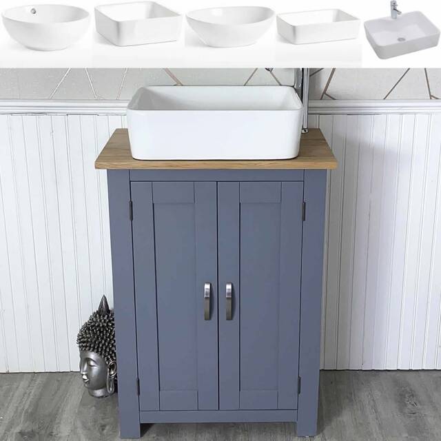 Bathroom Painted Vanity Unit - Slim Line Compact Oak Top Sink Cabinet Ceramic Wash Basin Tap & Plug - image 1