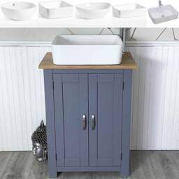 Bathroom Painted Vanity Unit - Slim Line Compact Oak Top Sink Cabinet Ceramic Wash Basin Tap & Plug