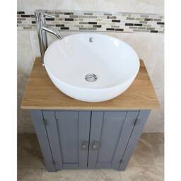 Bathroom Painted Vanity Unit - Slim Line Compact Oak Top Sink Cabinet Ceramic Wash Basin Tap & Plug - thumbnail 3
