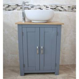 Bathroom Painted Vanity Unit - Slim Line Compact Oak Top Sink Cabinet Ceramic Wash Basin Tap & Plug - thumbnail 2