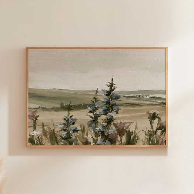 Floral Landscape Poster, Sage Meadow Wall Art, Country Painting - image 1