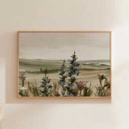 Floral Landscape Poster, Sage Meadow Wall Art, Country Painting - thumbnail 1