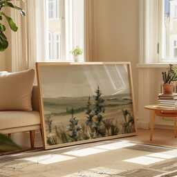 Floral Landscape Poster, Sage Meadow Wall Art, Country Painting - thumbnail 4
