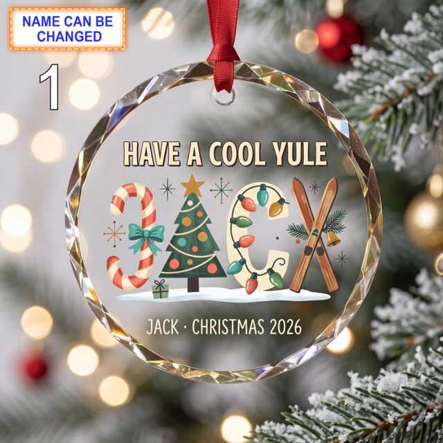 Have A Cool Yule Christmas Glass Ornament, Custom Ski Keepsake With Candy Canes, Snowy Tree, Skis & Festive Winter Details, Gift - image 1