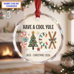 Have A Cool Yule Christmas Glass Ornament, Custom Ski Keepsake With Candy Canes, Snowy Tree, Skis & Festive Winter Details, Gift - thumbnail 3