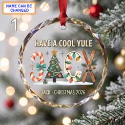 Have A Cool Yule Christmas Glass Ornament, Custom Ski Keepsake With Candy Canes, Snowy Tree, Skis & Festive Winter Details, Gift - thumbnail 1