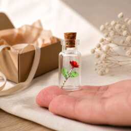 Miniature Rose in Bottle, Tiny Romantic Gift, Handmade Flower Vial, Valentine's Day Art - thumbnail 3
