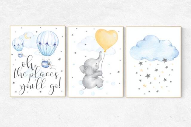 Neutral Nursery Wall Art Elephant, Balloons, Stars Print - image 1