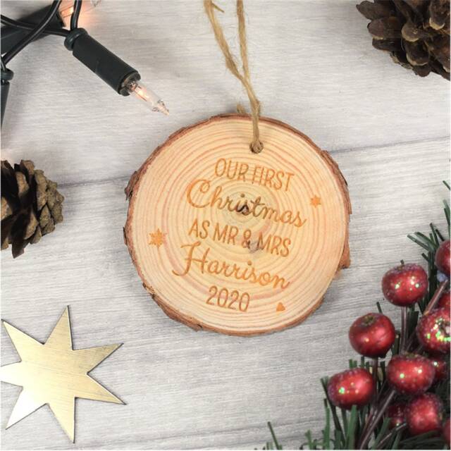Personalised, Rustic Wooden Christmas Tree Bauble - Our 1st Christmas, Wedding Gifts, Favours, Gifts For Couples