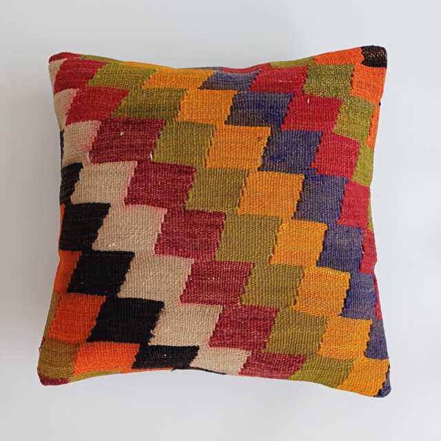 Handmade Cushion Cover, Multicolour Turkish Rug Cushion, Pillow, Decorative Throw Kilim 18''x18''/45x45 cm - image 1