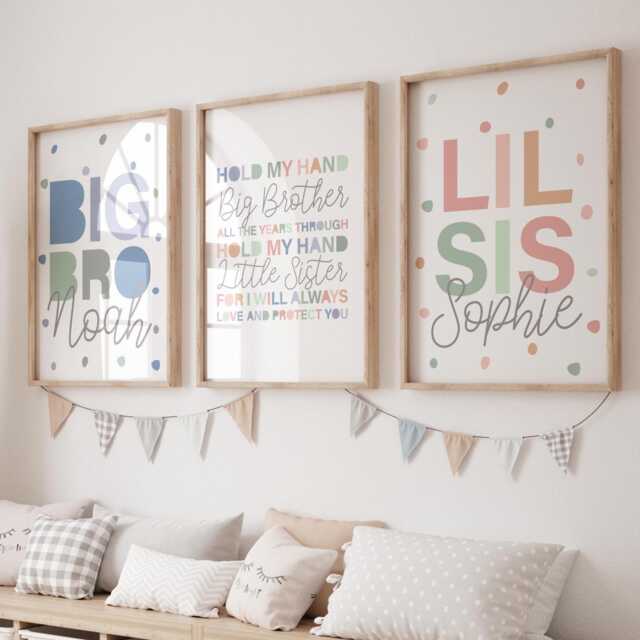 Set Of 3 Personalised Big Bro Lil Sis Prints, Siblings Wall Art, Shared Bedroom, Playroom, Nursery Boys Girls Bedroom - image 1