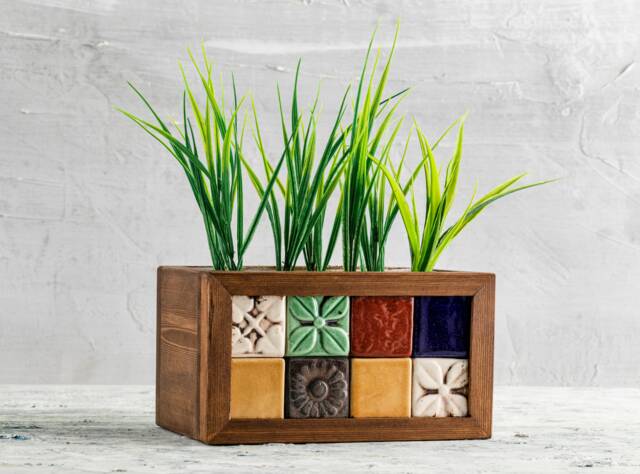 Hand Painted Tile Wooden Planter Indoor Flower Box - image 1