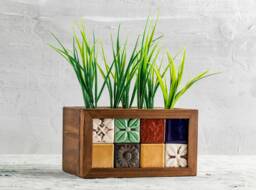 Hand Painted Tile Wooden Planter Indoor Flower Box - thumbnail 1