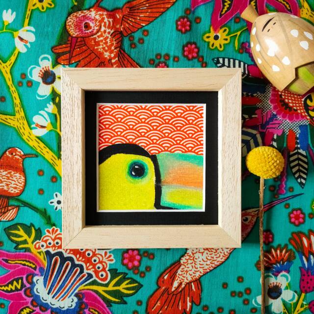 Small Painting Of A Keel-Tailed Toucan's Look in Dry Pastel & Handmade Japanese Paper - image 1