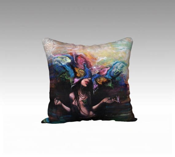 Art Throw Pillow - Surreal Art, Home Decor, Butterfly Woman, Velvet, Decorative Pillow, Made in Canada, Unusual Decor