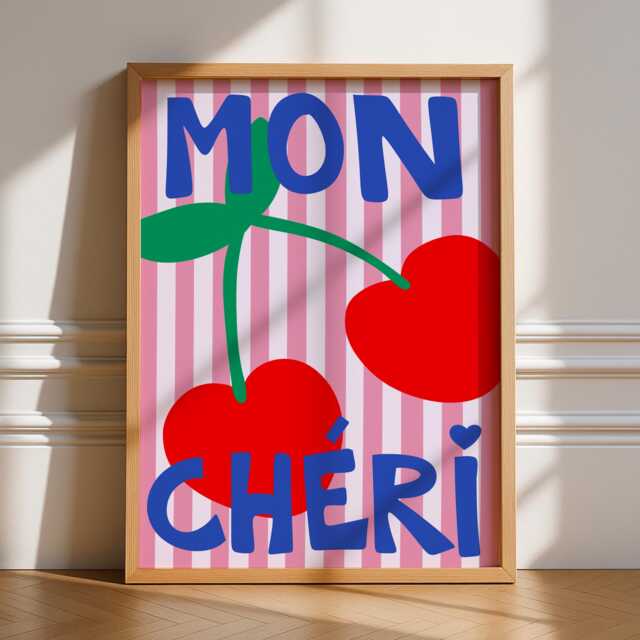 Mon Cheri Print, Unframed Art, French Typography, Funky Retro Wall Pink Red Gallery Wall, Fruits, Food Markets, Hand Drawn Stripes - image 1