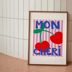 Mon Cheri Print, Unframed Art, French Typography, Funky Retro Wall Pink Red Gallery Wall, Fruits, Food Markets, Hand Drawn Stripes - thumbnail 3