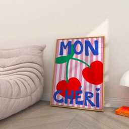 Mon Cheri Print, Unframed Art, French Typography, Funky Retro Wall Pink Red Gallery Wall, Fruits, Food Markets, Hand Drawn Stripes - thumbnail 2