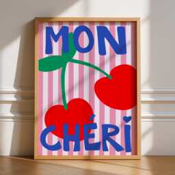 Mon Cheri Print, Unframed Art, French Typography, Funky Retro Wall Pink Red Gallery Wall, Fruits, Food Markets, Hand Drawn Stripes - thumbnail 1