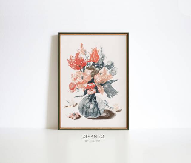 Romantic Floral Print, Classic Flower Illustration, Botanical Art Decor, Still Life Painting Wall Art, Digital Flowers in A Vase Canvas - image 1