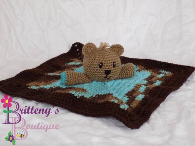 Baby Blue Boy Teddy Bear Lovey Security Blanket Brown Crochet Cuddle - image 1